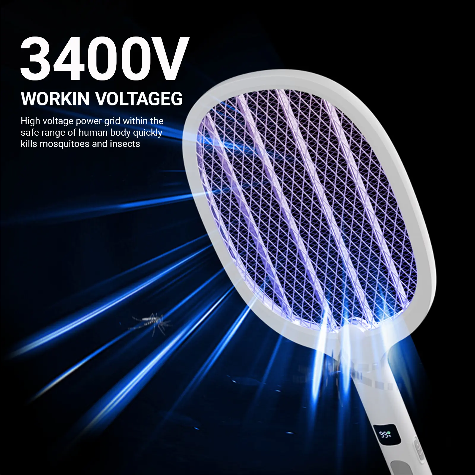 Mosquito swatter with rechargeable battery, three-layer safety net, powerful mosquito swatter