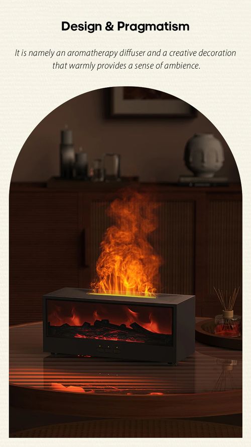 Fireplace flame-shaped aroma diffuser and humidifier with 7-color ambient light.