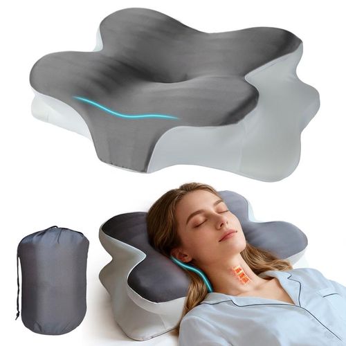 Gray butterfly-shaped neck pillow with breathable, removable and washable high-end silk pillowcase.