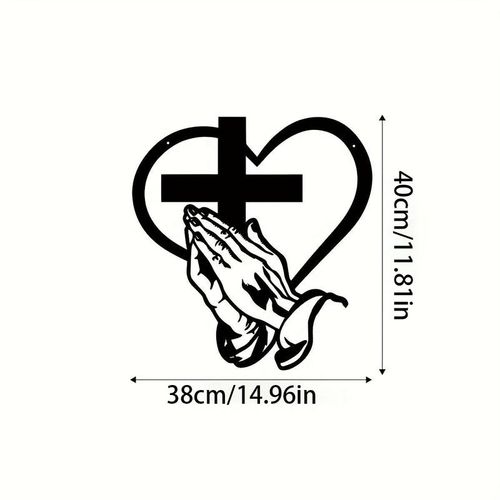 Elegant metal Christian heart-shaped cross wall decor, featuring praying hands design, suitable for indoor and outdoor use.  Iron art sculpture.