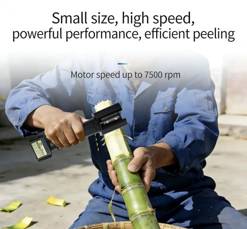 Electric handheld sugarcane peeler, plugged in for use.