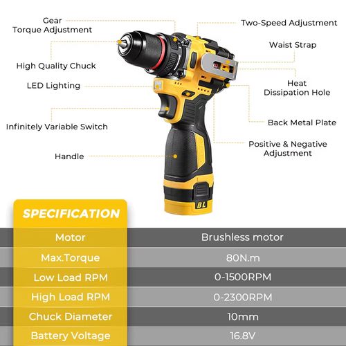 16.8V Brushless Electric Drill 80NM 2 IN 1 Cordless Drill 10MM Chuck Screwdriver