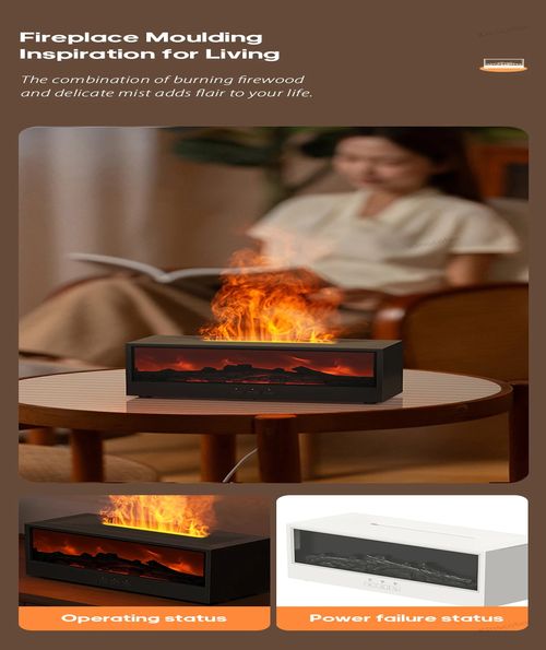 Fireplace flame-shaped aroma diffuser and humidifier with 7-color ambient light.