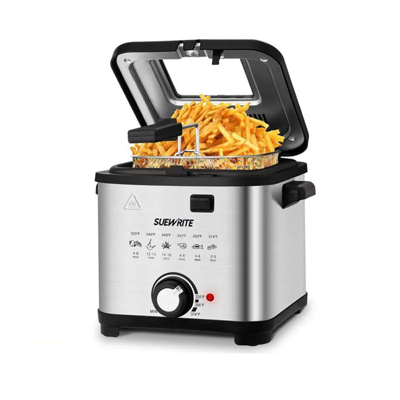 1500W electric fryer with frying basket and adjustable temperature.