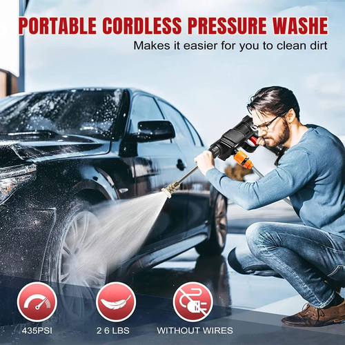 Portable cordless high-pressure washer – high-pressure car wash spray gun with nozzle.