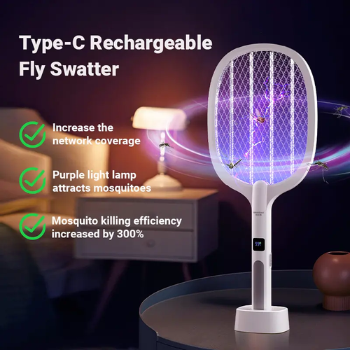 Mosquito swatter with rechargeable battery, three-layer safety net, powerful mosquito swatter