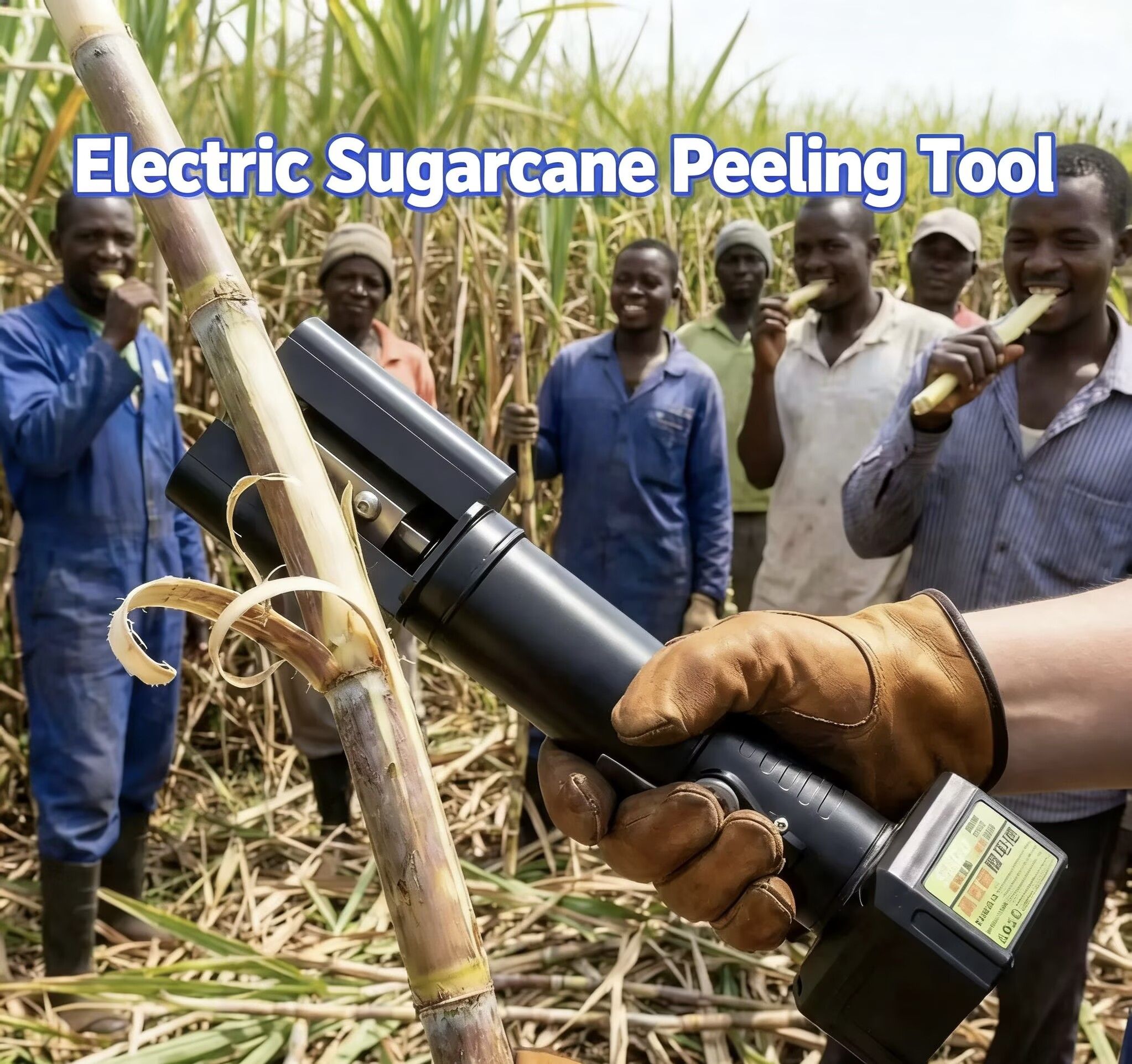 Electric handheld sugarcane peeler, plugged in for use.
