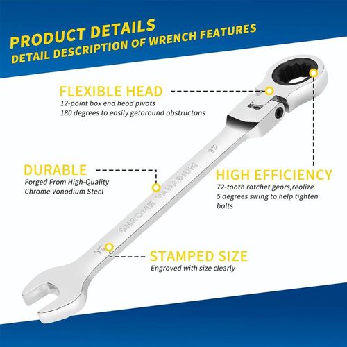 Ratchet wrench set with adjustable heads, 12-piece metric combination ratchet wrench set.