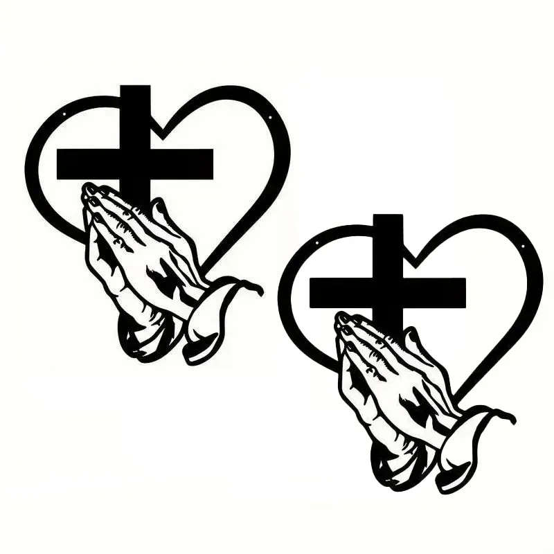Elegant metal Christian heart-shaped cross wall decor, featuring praying hands design, suitable for indoor and outdoor use.  Iron art sculpture.
