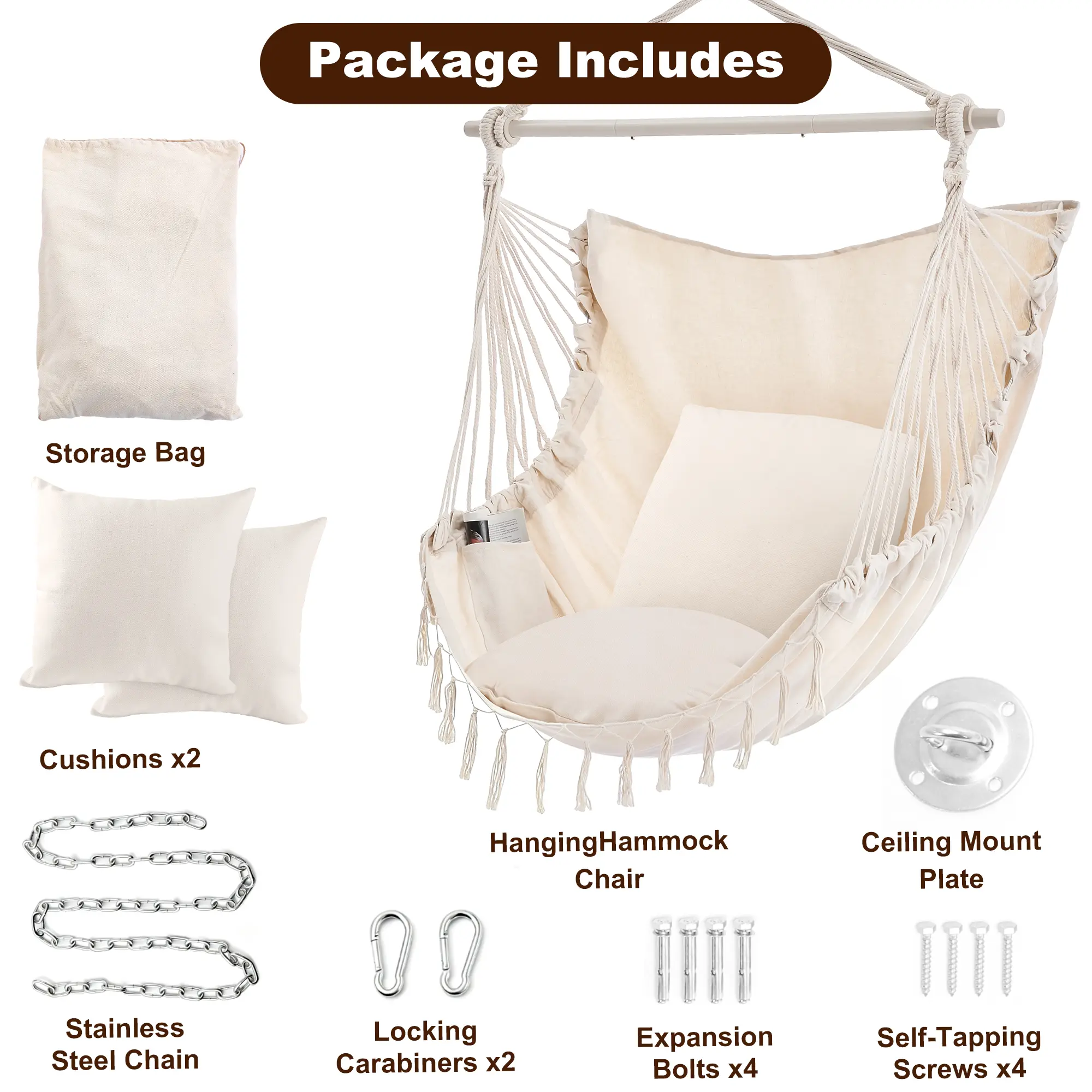 Single Hammock Chair (Includes 2 Cushions), with Hanging Hardware and Wooden Spreader Bar