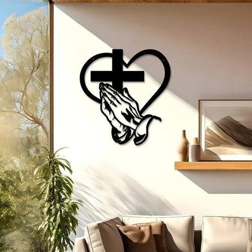 Elegant metal Christian heart-shaped cross wall decor, featuring praying hands design, suitable for indoor and outdoor use.  Iron art sculpture.
