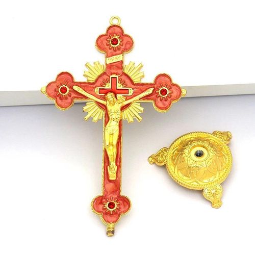 Metal Cross Desktop Ornament - Catholic desktop cross with base, suitable for Christian prayer, Jerusalem style decoration.