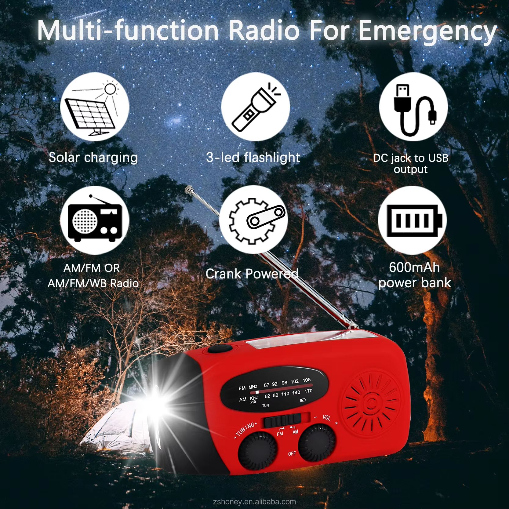 Outdoor multi-functional waterproof solar-powered radio
