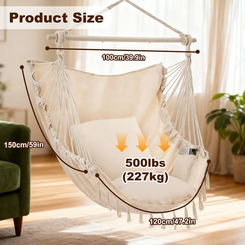 Single Hammock Chair (Includes 2 Cushions), with Hanging Hardware and Wooden Spreader Bar