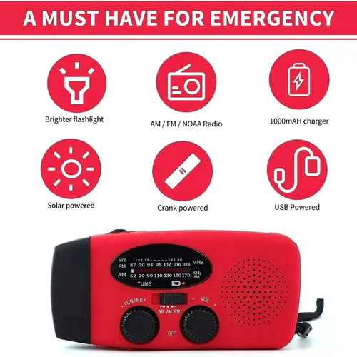 solar and hand crank emergency radio with flashlight