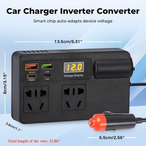 💥Car Truck Inverter 12V-24V to 220V with Smart Chip QC3.0 Fast Charging for Laptops Tablets & Phones USB Ports Included Wireless Carplay Adapter