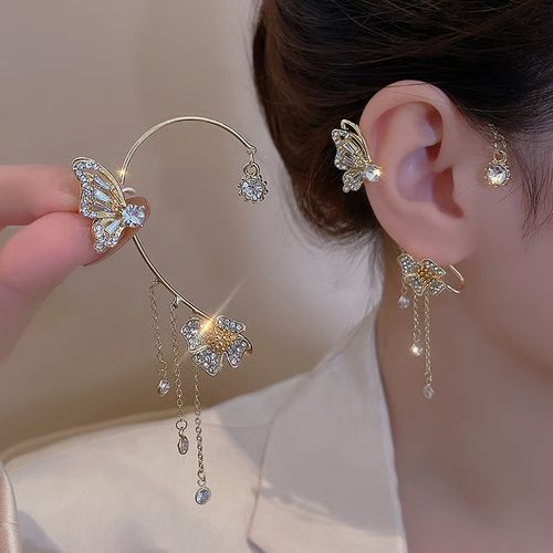 BUTTERFLY FLOWER TASSEL SHINY ZIRCON EARRINGS
