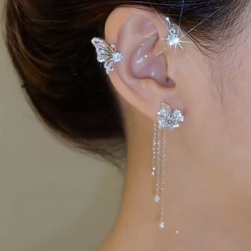 BUTTERFLY FLOWER TASSEL SHINY ZIRCON EARRINGS