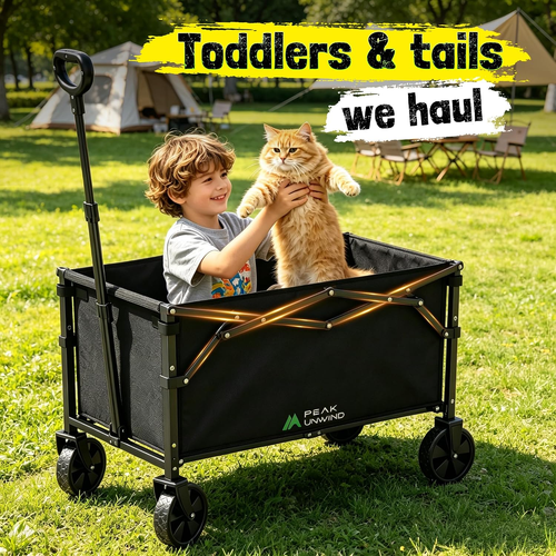PEAK UNWIND Heavy Duty Collapsible Wagon - 220LBS Capacity All-Terrain Utility Cart for Camping & Outdoor