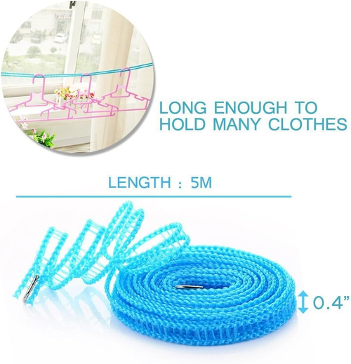 5 Pack 10M Non-Slip Windproof Clothesline Rope, Braided Laundry Drying Line with Metal Hooks for Home Balcony Outdoor Camping