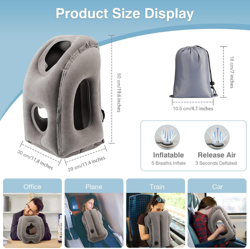 Inflatable Travel Pillow for Neck and Napping Face Down Design with Hand Holes No Marks and No Arm Numbness for Airplane Train Office and Car