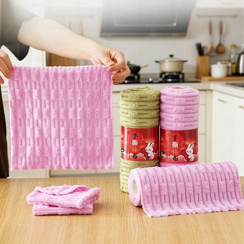Tearable Kitchen Cleaning Cloth Roll, Super Absorbent Reusable Coral Fleece Dish Towels, Cloud Grid Soft Washable Wipes for Home Kitchen
