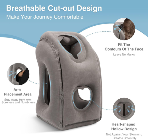 Inflatable Travel Pillow for Neck and Napping Face Down Design with Hand Holes No Marks and No Arm Numbness for Airplane Train Office and Car