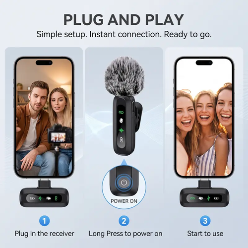 J3 3 in 1 Wireless Lavalier Microphone for iPhone Android PC Dual Mics with Noise Cancellation Plug and Play Lapel Mic for Video Recording Includes Windshields and Foam Covers