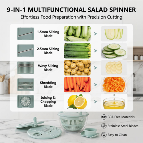 BPA Free 9-in-1 Kitchen Tool – Salad Spinner, Slicer, Juicer & Egg Separator | Dishwasher Safe