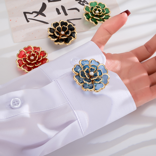3D Flower Crystal Shirt Cufflinks, Luxury Rhinestone Cuff Buttons