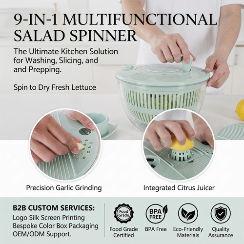 BPA Free 9-in-1 Kitchen Tool – Salad Spinner, Slicer, Juicer & Egg Separator | Dishwasher Safe