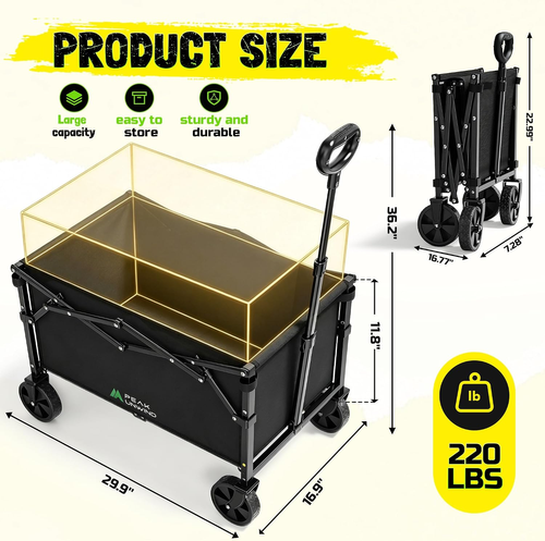 PEAK UNWIND Heavy Duty Collapsible Wagon - 220LBS Capacity All-Terrain Utility Cart for Camping & Outdoor