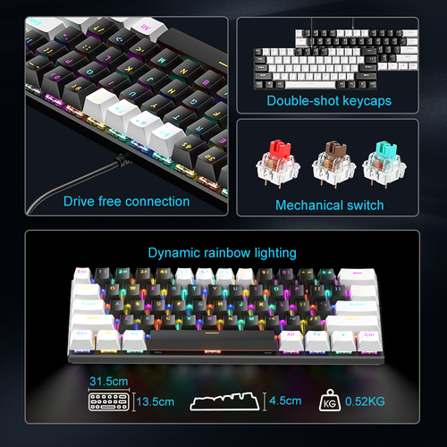 61 Key True Mechanical Gaming Keyboard Type C Wired 10 RGB Lighting Modes Hot Swappable Double Shot Keycaps