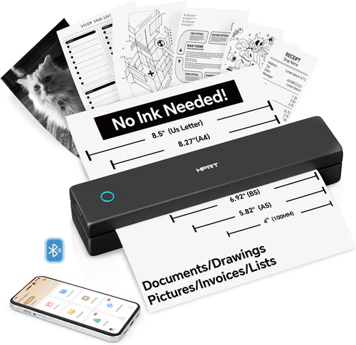 > HPRT MT620 Portable A4 Thermal Printer Wireless Bluetooth No Ink Printing Comes with 10 Sheets of Thermal Paper Rechargeable Battery for Home Office Students and Small Business 200 Sheet Refill Available Separately