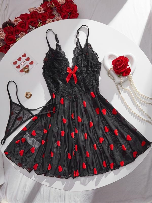 Black Sheer Lace Halter Lingerie Dress with Red Bow Free Size