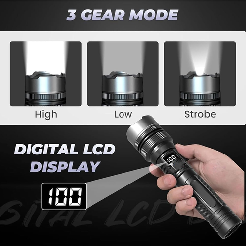 Multifunctional Flashlight Rechargeable with LCD Digital Display 3 Modes Mechanical Zoom Power Bank USB Type C for Outdoor Emergency
