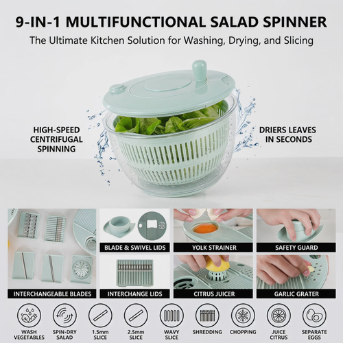 BPA Free 9-in-1 Kitchen Tool – Salad Spinner, Slicer, Juicer & Egg Separator | Dishwasher Safe