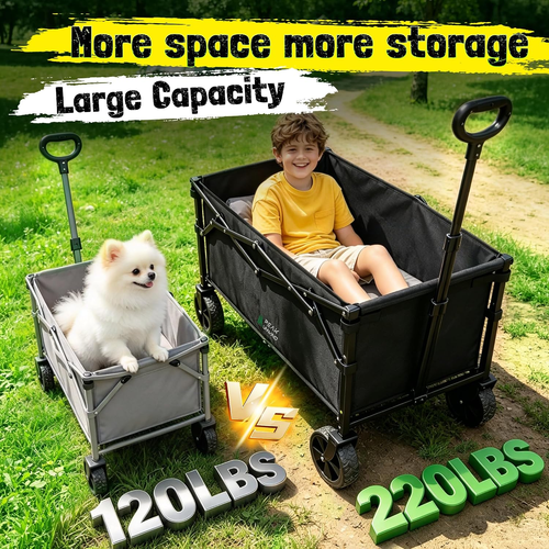 PEAK UNWIND Heavy Duty Collapsible Wagon - 220LBS Capacity All-Terrain Utility Cart for Camping & Outdoor
