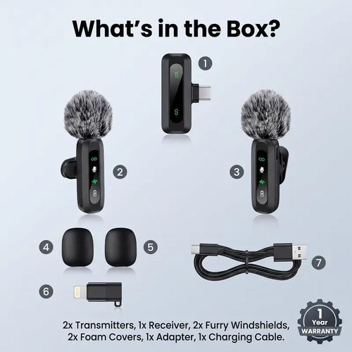 J3 3 in 1 Wireless Lavalier Microphone for iPhone Android PC Dual Mics with Noise Cancellation Plug and Play Lapel Mic for Video Recording Includes Windshields and Foam Covers