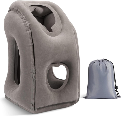 Inflatable Travel Pillow for Neck and Napping Face Down Design with Hand Holes No Marks and No Arm Numbness for Airplane Train Office and Car