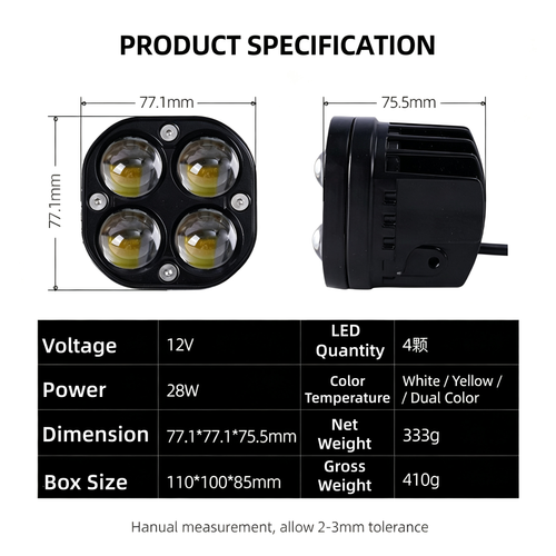 12V 28W 4LED Work Light Dual Color White Yellow Fog Lamp, Square LED Pod Light for Motorcycle Boda Boda, Tractor, ATV, Electric Scooter Offroad Driving Light