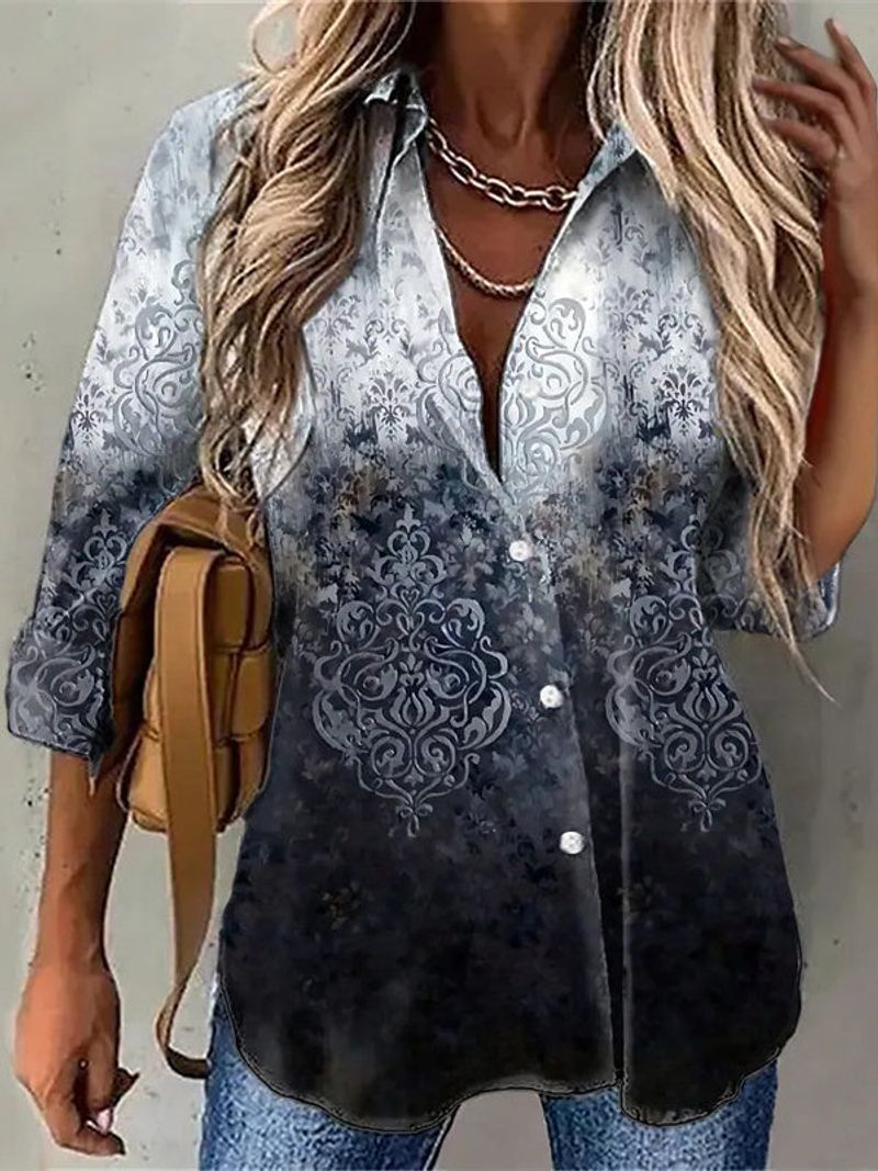 Women 3/4 Sleeve Shirt Collar Floral Printed Gradient Button Top Shirts