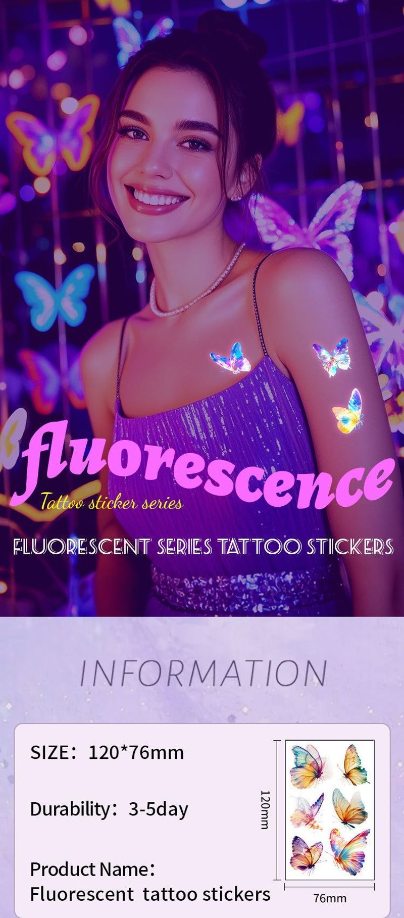 New Butterfly Fluorescent Tattoo Sticker Music Festival Bar Collarbone Flower Arm Waterproof Party Temporary Tattoo Sticker Night light