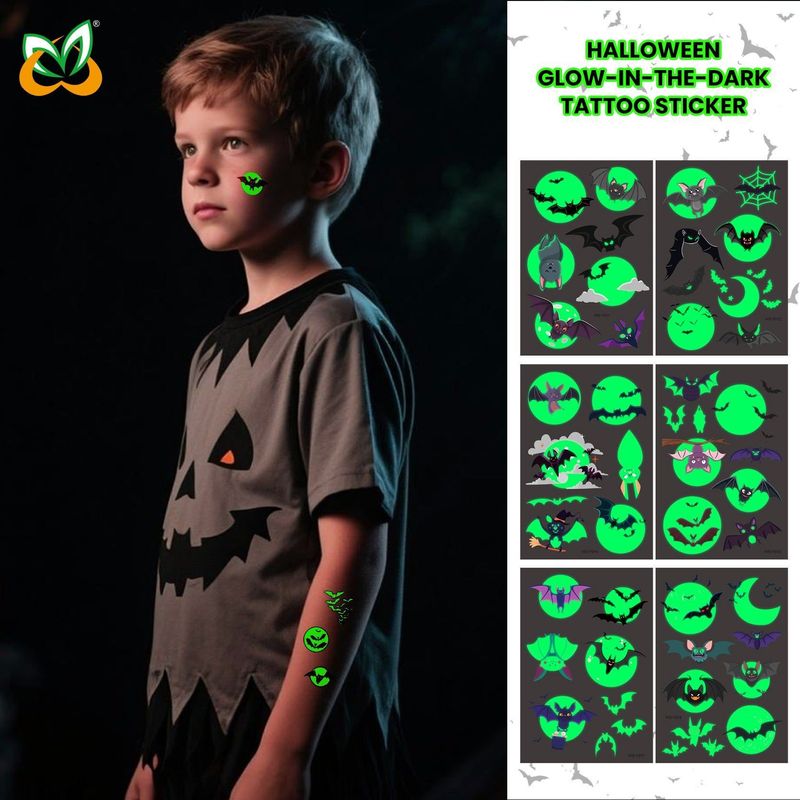 New Halloween Children Luminous Tattoo Sticker Cartoon Cross Border Bat Party Holiday Green 3D Luminous Sticker  Fashion