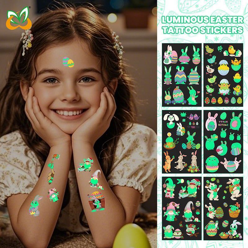 New Children's Cartoon Easter Luminous Tattoo Stickers Long Ear Rabbit Caidan Party Holiday Waterproof Sweat Face Stickers Night light