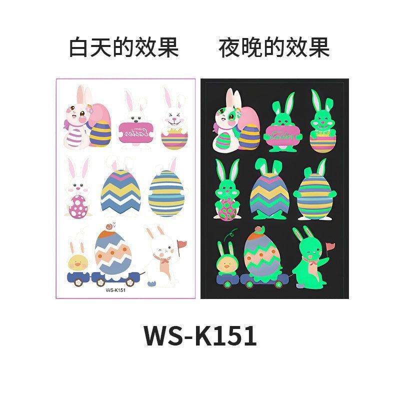 New Children's Cartoon Easter Luminous Tattoo Stickers Long Ear Rabbit Caidan Party Holiday Waterproof Sweat Face Stickers Night light
