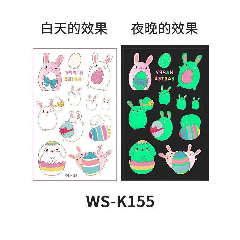 New Children's Cartoon Easter Luminous Tattoo Stickers Long Ear Rabbit Caidan Party Holiday Waterproof Sweat Face Stickers Night light
