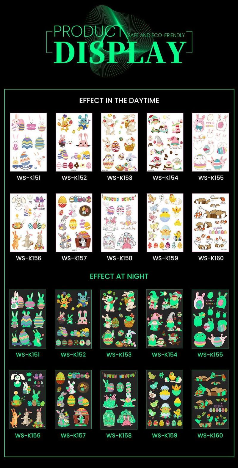New Children's Cartoon Easter Luminous Tattoo Stickers Long Ear Rabbit Caidan Party Holiday Waterproof Sweat Face Stickers Night light