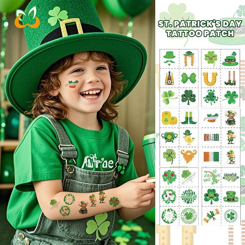 New Ireland St. Patrick Glitter Tattoo Sticker Children's National Day Party Decoration Cartoon Sticker Fashion