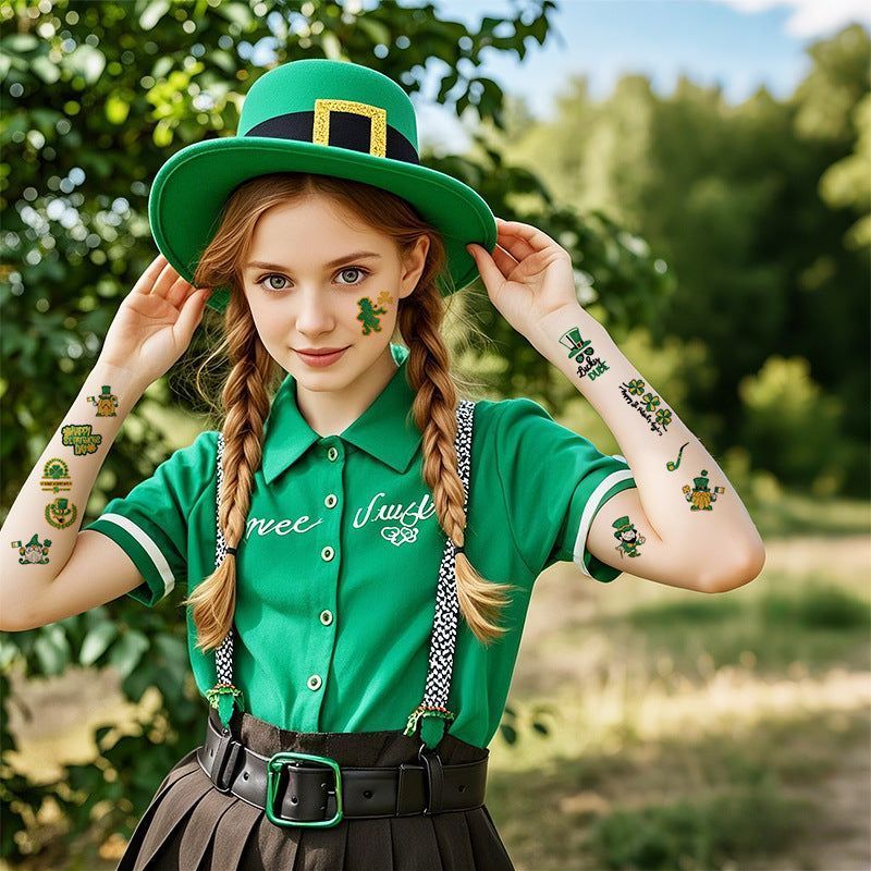 New Irish National Day Tattoo Sticker Cartoon Clover Disposable Children Glitter Tattoo Sticker Fashion